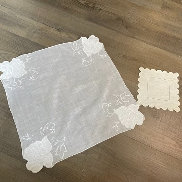 Vintage White Scarfs Handkerchief Floral Embellishment - Picture 1 of 4